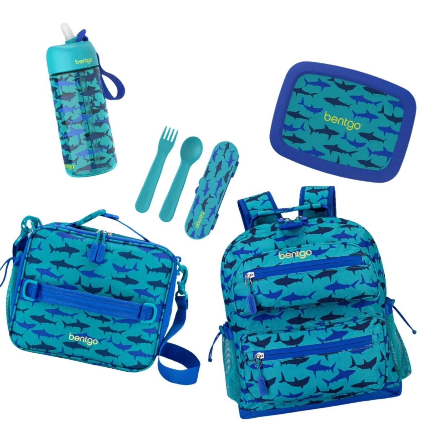 SET BENTGO MOCHILA ESCOLAR, LONCHERA, PORTA LONCHERA, CUBIERTOS Y TOMATODO - TIBURON - 1