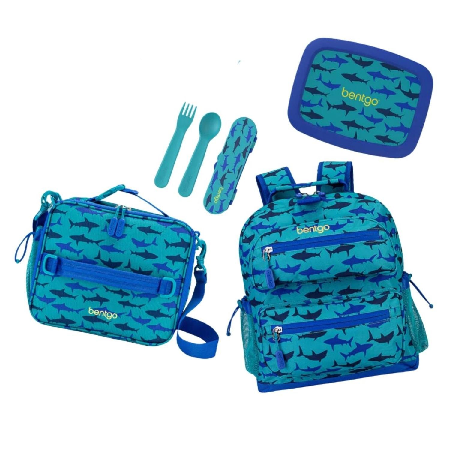 SET BENTGO MOCHILA ESCOLAR, LONCHERA, PORTA LONCHERA Y CUBIERTOS - TIBURON - 1