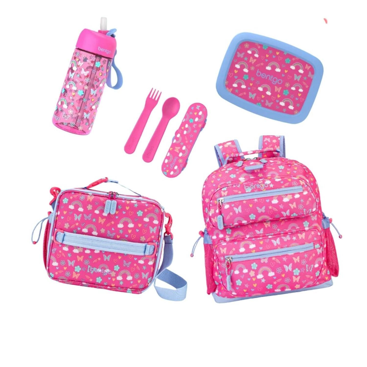 SET BENTGO MOCHILA ESCOLAR, LONCHERA, PORTA LONCHERA, CUBIERTOS Y TOMATODO - MARIPOSAS - 1