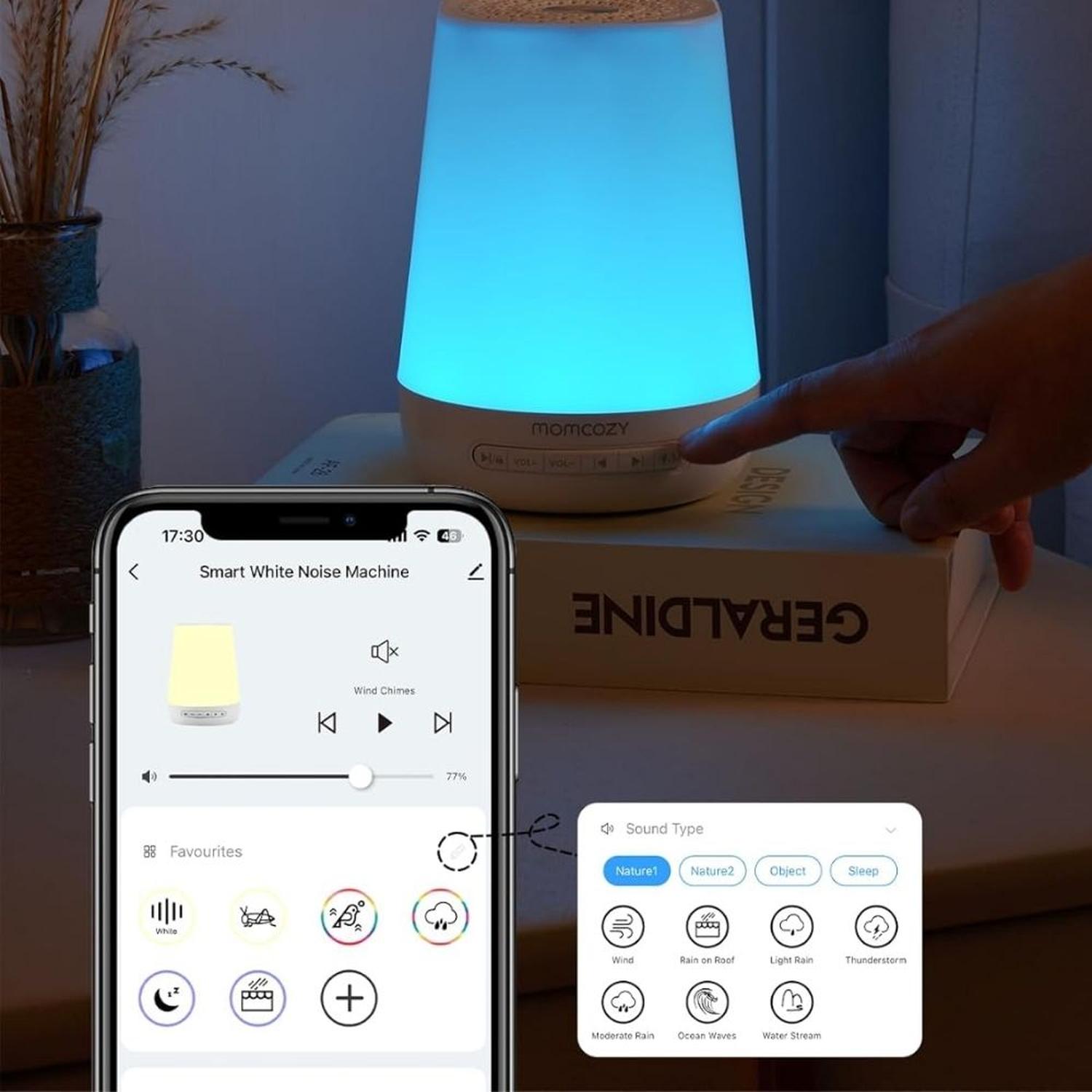MÁQUINA DE SONIDOS Y RUIDO BLANCO MOMCOZY CON LUZ DE NOCHE ENTRENADOR DE SUEÑO Y CONTROL REMOTO - 6