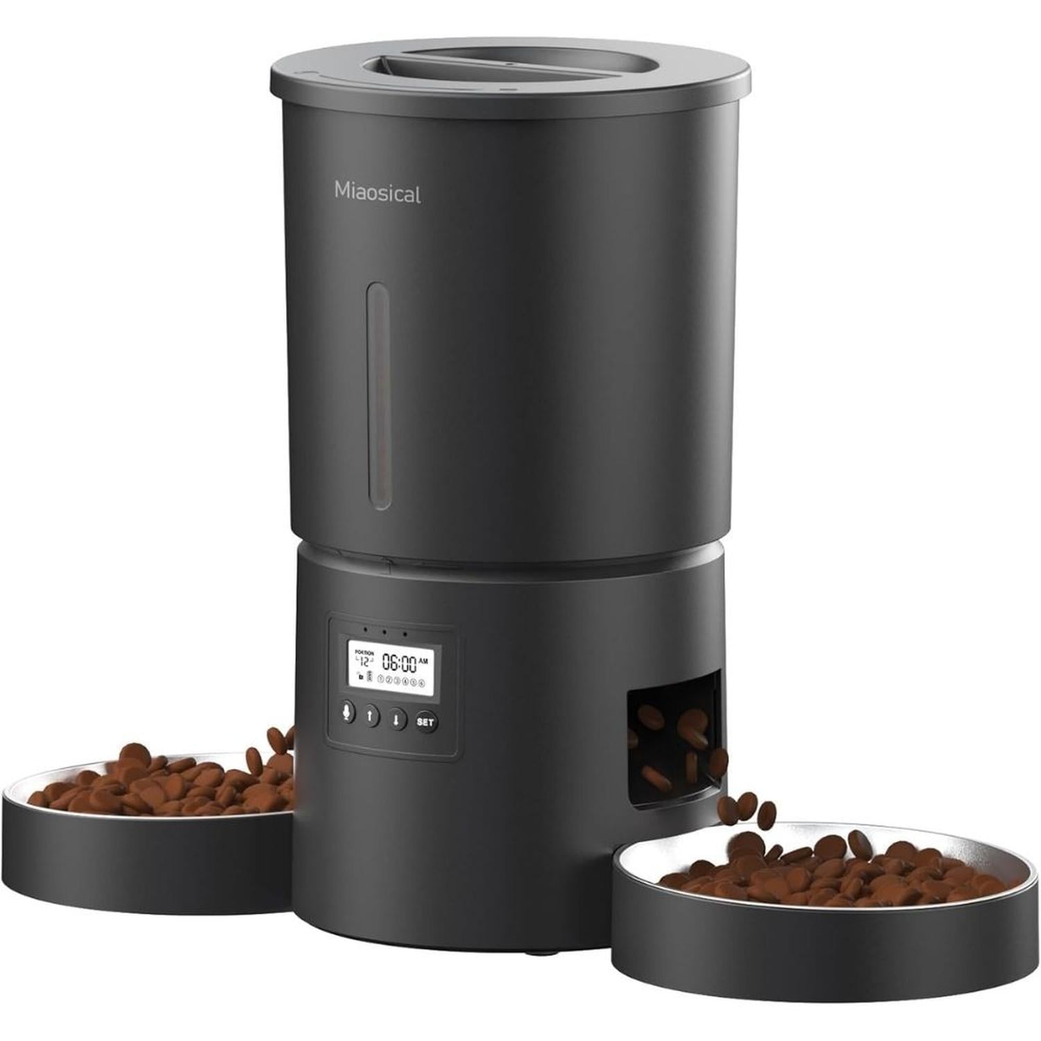 COMEDERO AUTOMÁTICO DOBLE PARA GATOS CON PLATOS DE INOX CON GRABACIÓN DE VOZ - 1