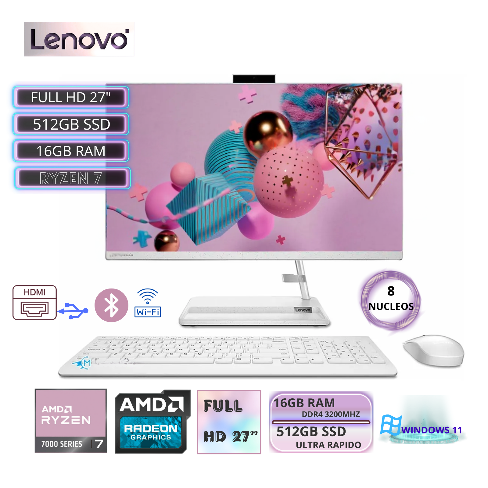 ALL IN ONE LENOVO IDEACENTRE AIO 3 27ALC6 RYZEN 7-7730U 16GB RAM, SSD512GB 27″ - 1