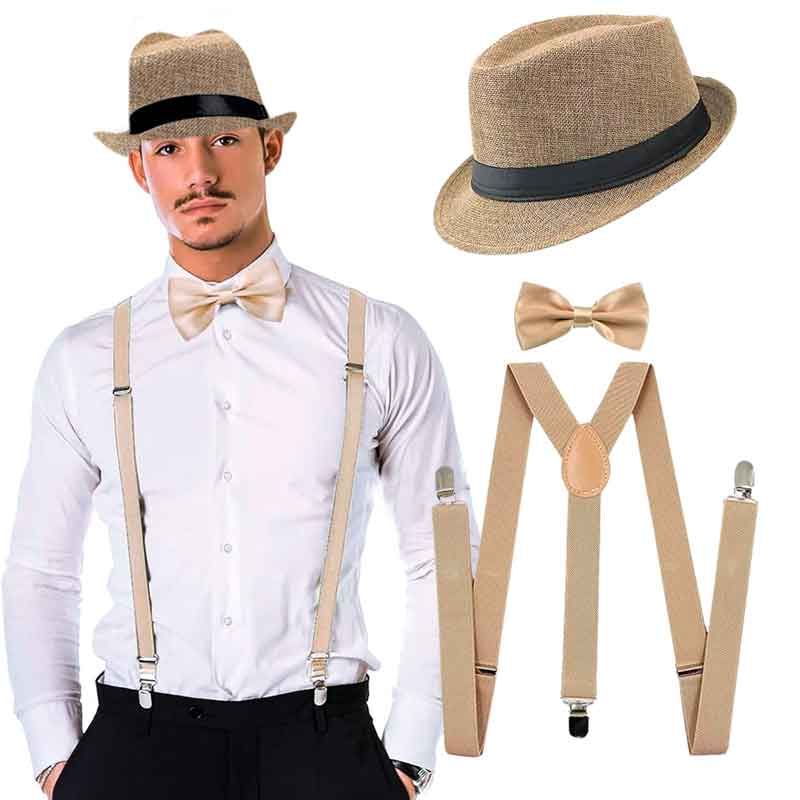 CONJUNTO ELEGANTE PARA HOMBRE SOMBRERO, CORBATÍN Y TIRANTES BEIGE - 1