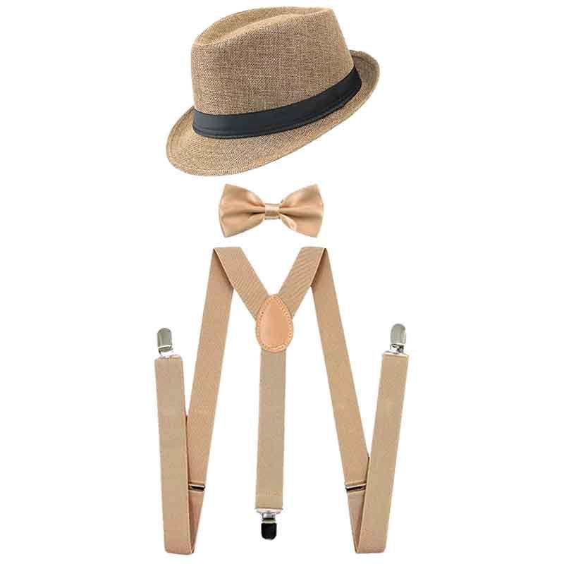 CONJUNTO ELEGANTE PARA HOMBRE SOMBRERO, CORBATÍN Y TIRANTES BEIGE - 2