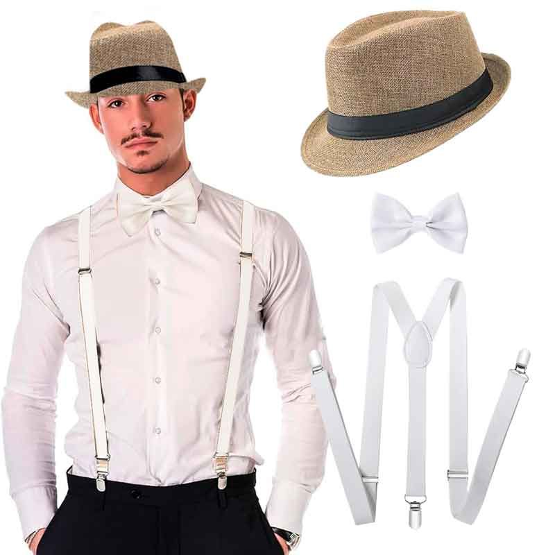 ACCESORIOS ELEGANTES PARA HOMBRE  SOMBRERO FEDORA, TIRANTES Y CORBATÍN BEIGE - 1