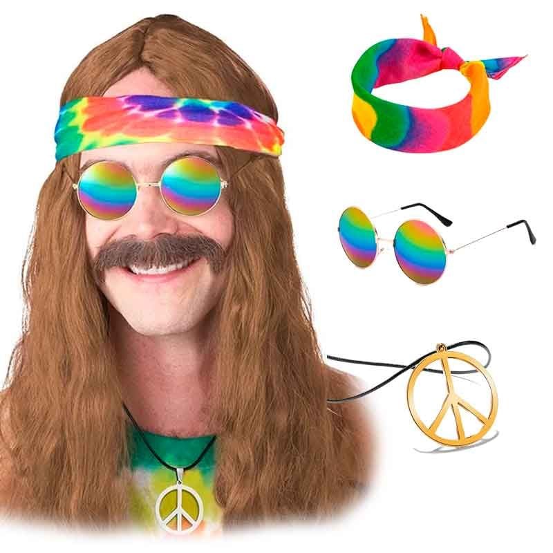KIT HIPPIE PARA HOMBRE LENTES, BANDANA Y COLLAR SÍMBOLO DE PAZ - 1
