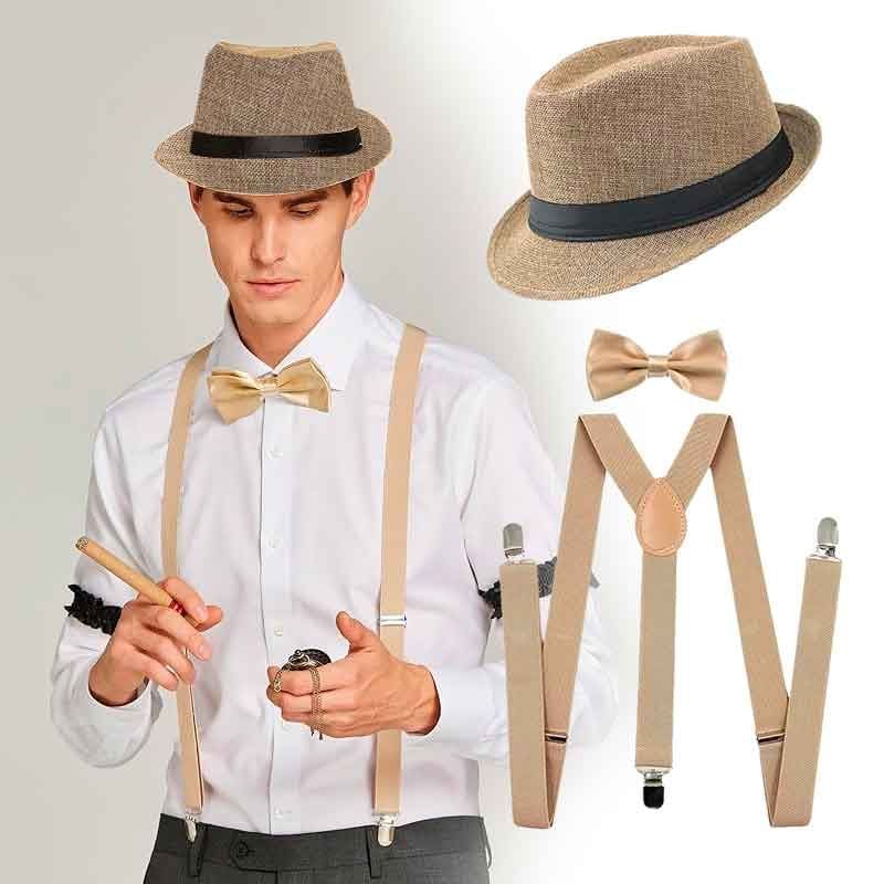 ACCESORIOS ELEGANTES PARA HOMBRE SOMBRERO FEDORA, TIRANTES Y CORBATÍN BEIGE - 1