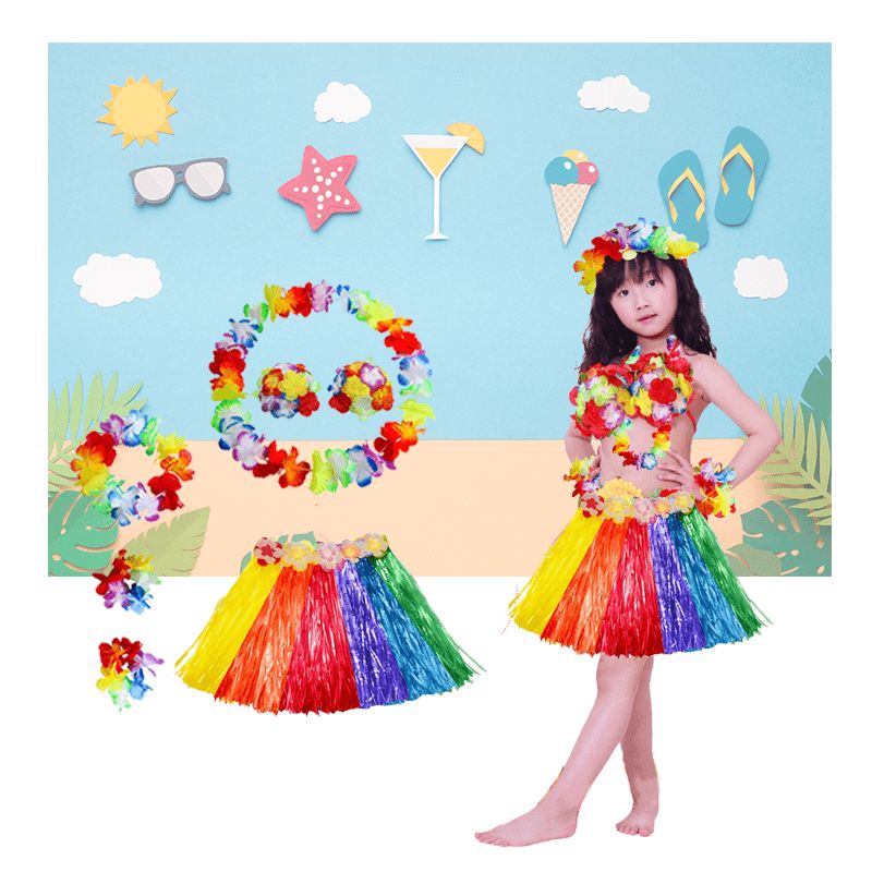 FALDA HAWAIANA PARA NIÑA DE 3 A 6 AÑOS SET COMPLETO - 1