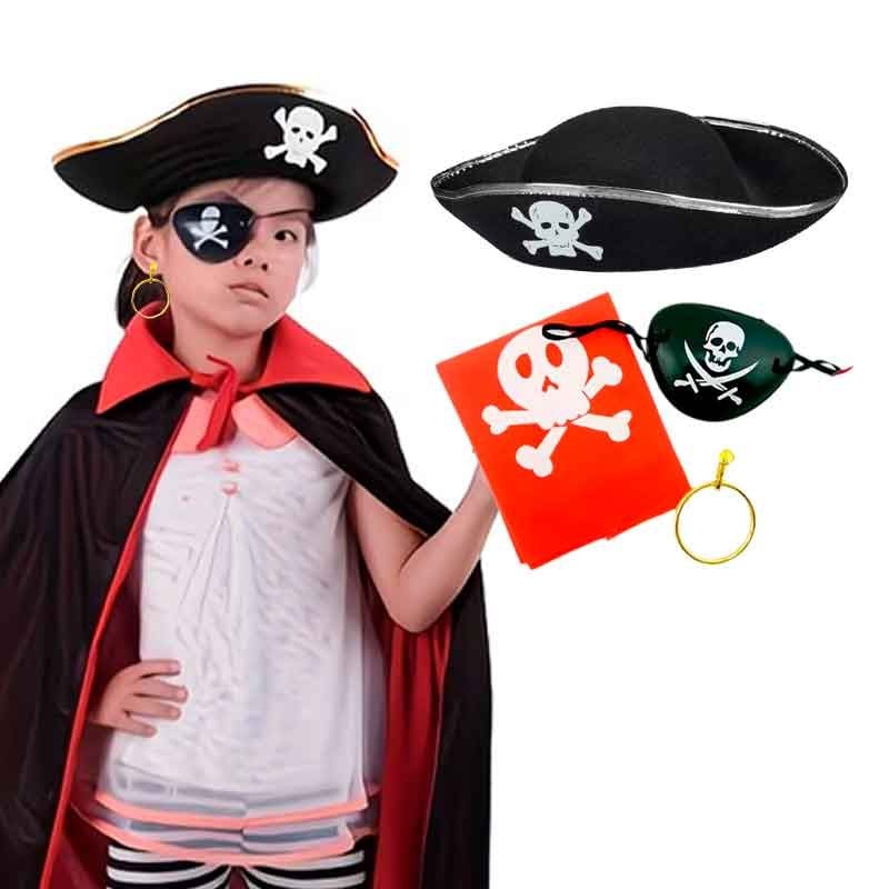 SET DE ACCESORIOS DE PIRATA PARA NIÑOS SOMBRERO, PARCHE, ARETE Y PAÑUELO - 1
