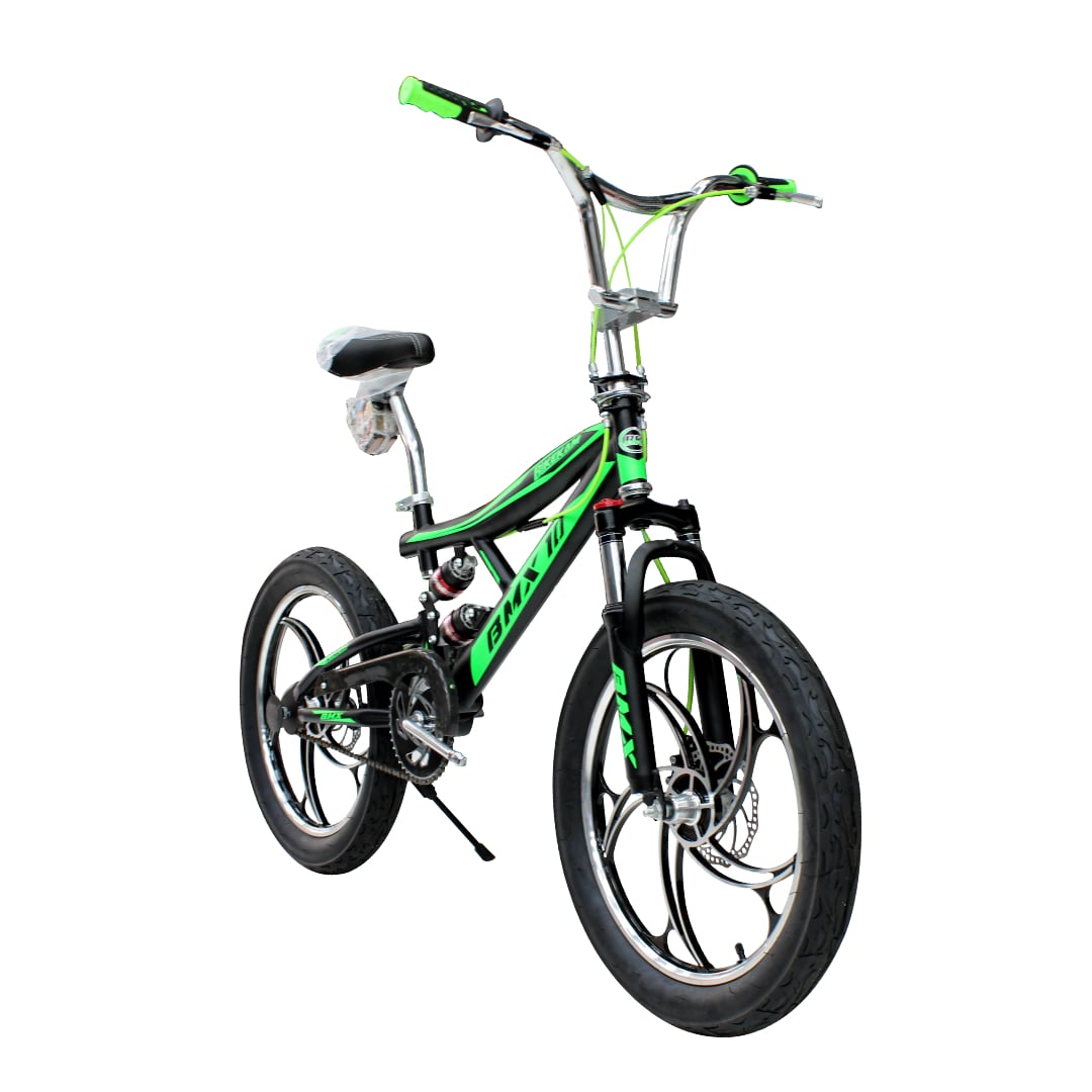 BICICLETA BMX ARO 20 BIKEKAM CON TRIPLE SUSPENSIÓN FRENOS DE DISCOS Y PEGS NEGRO CON VERDE - 1