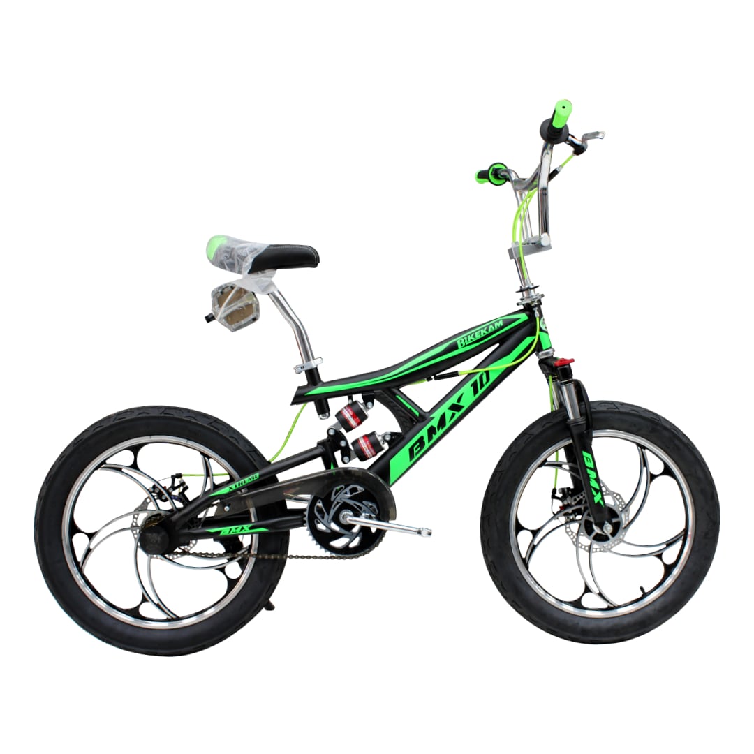 BICICLETA BMX ARO 20 BIKEKAM CON TRIPLE SUSPENSIÓN FRENOS DE DISCOS Y PEGS NEGRO CON VERDE - 2