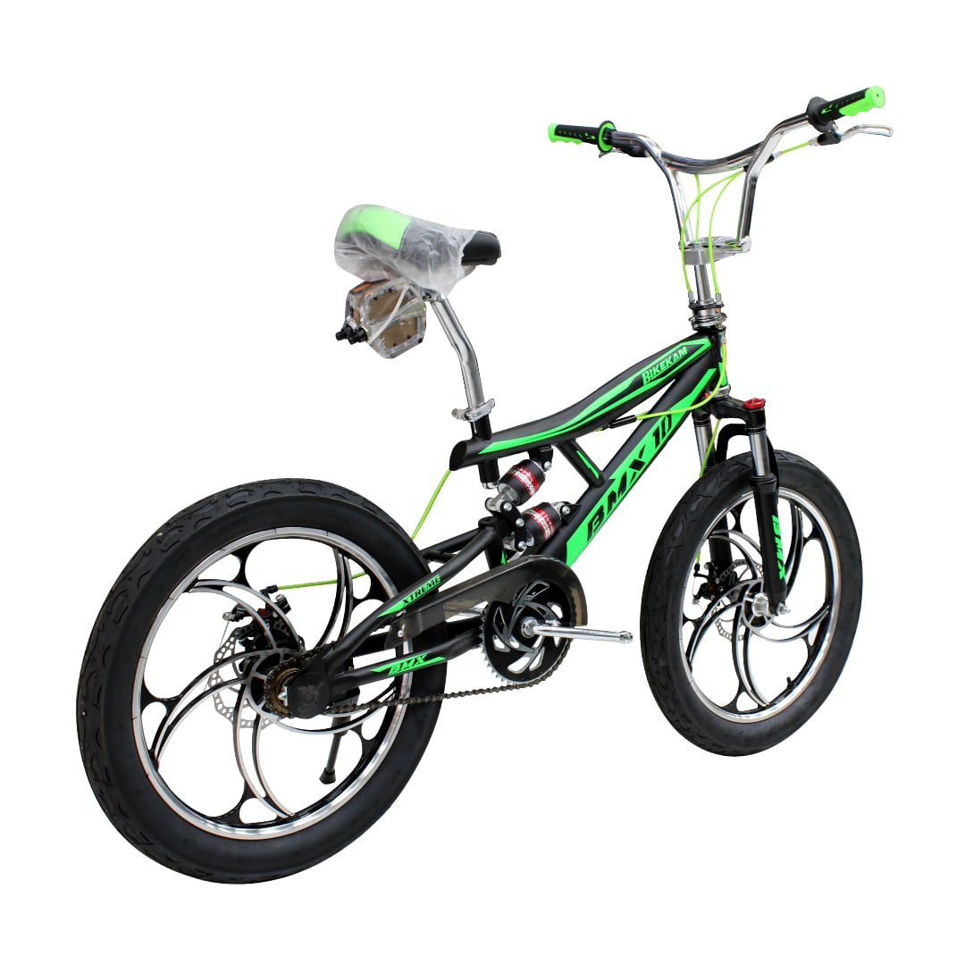 BICICLETA BMX ARO 20 BIKEKAM CON TRIPLE SUSPENSIÓN FRENOS DE DISCOS Y PEGS NEGRO CON VERDE - 3
