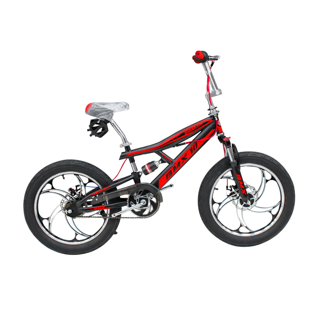 BICICLETA BMX ARO 20 CON DOBLE SUSPENSIÓN FRENOS DE DISCO Y 4 PEGS NEGRO CON ROJO - 1