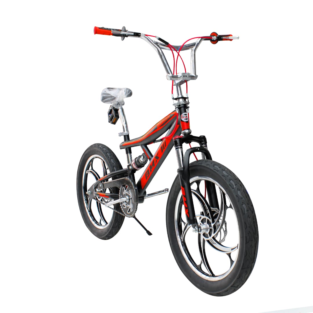 BICICLETA BMX ARO 20 CON DOBLE SUSPENSIÓN FRENOS DE DISCO Y 4 PEGS NEGRO CON ROJO - 2