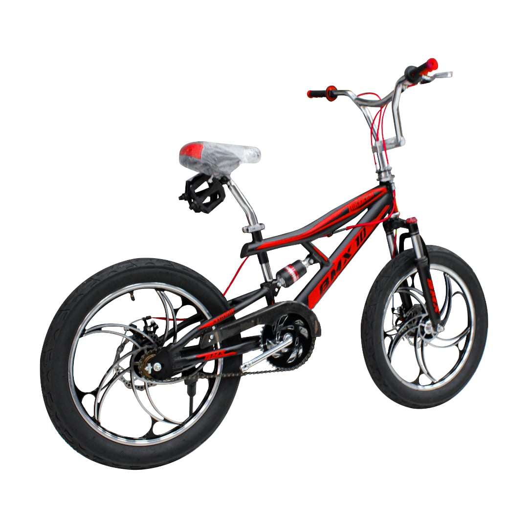 BICICLETA BMX ARO 20 CON DOBLE SUSPENSIÓN FRENOS DE DISCO Y 4 PEGS NEGRO CON ROJO - 3