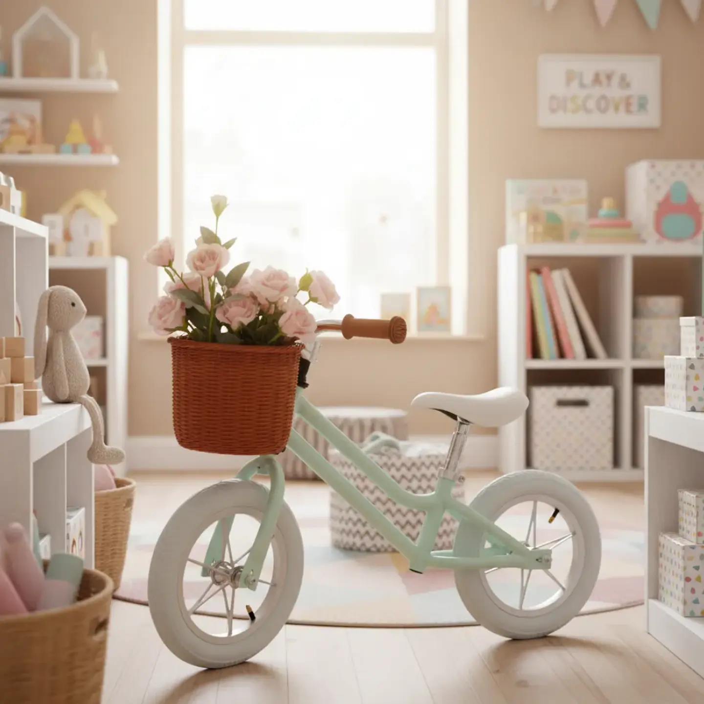 BICICLETA DE EQUILIBRIO VINTAGE ARO 12 PARA NIÑAS CELESTE CON CANASTA - 3