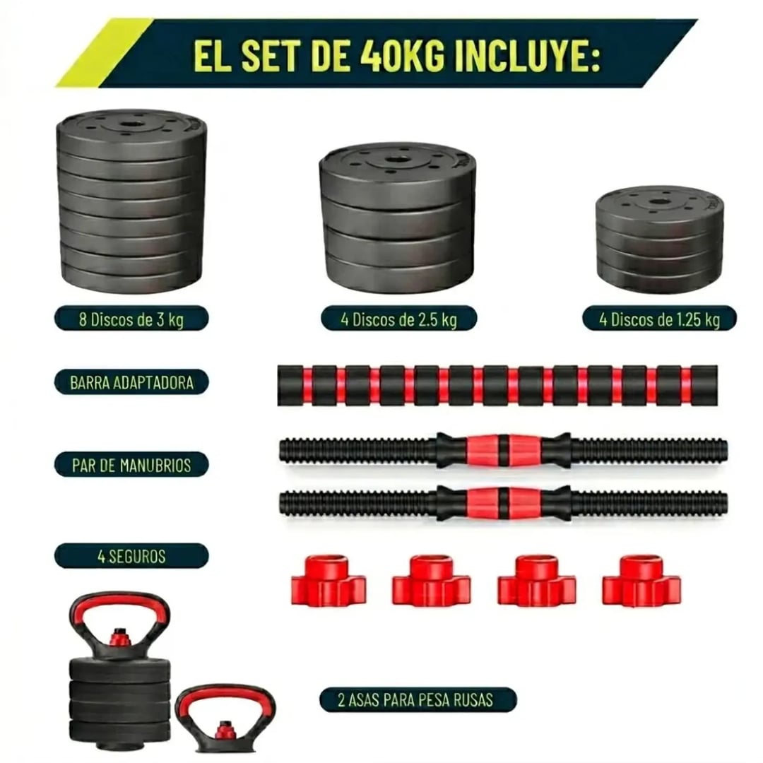 MANCUERNAS SET 40 KG CONVERTIBLES CON BARRA, ASAS Y PUSH UP - 3
