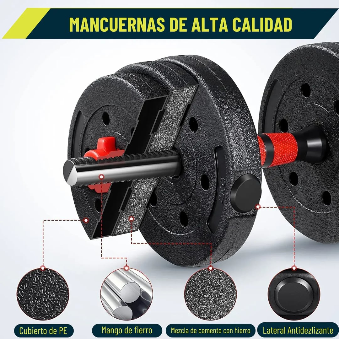 MANCUERNAS SET 40 KG CONVERTIBLES CON BARRA, ASAS Y PUSH UP - 4