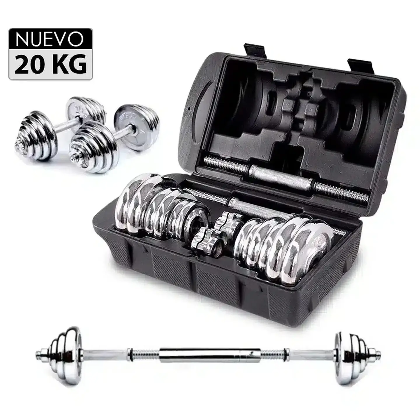 SET DE MANCUERNAS AJUSTABLES 20 KG CON DISCOS CROMADOS Y BARRA ADAPTADORA - 1