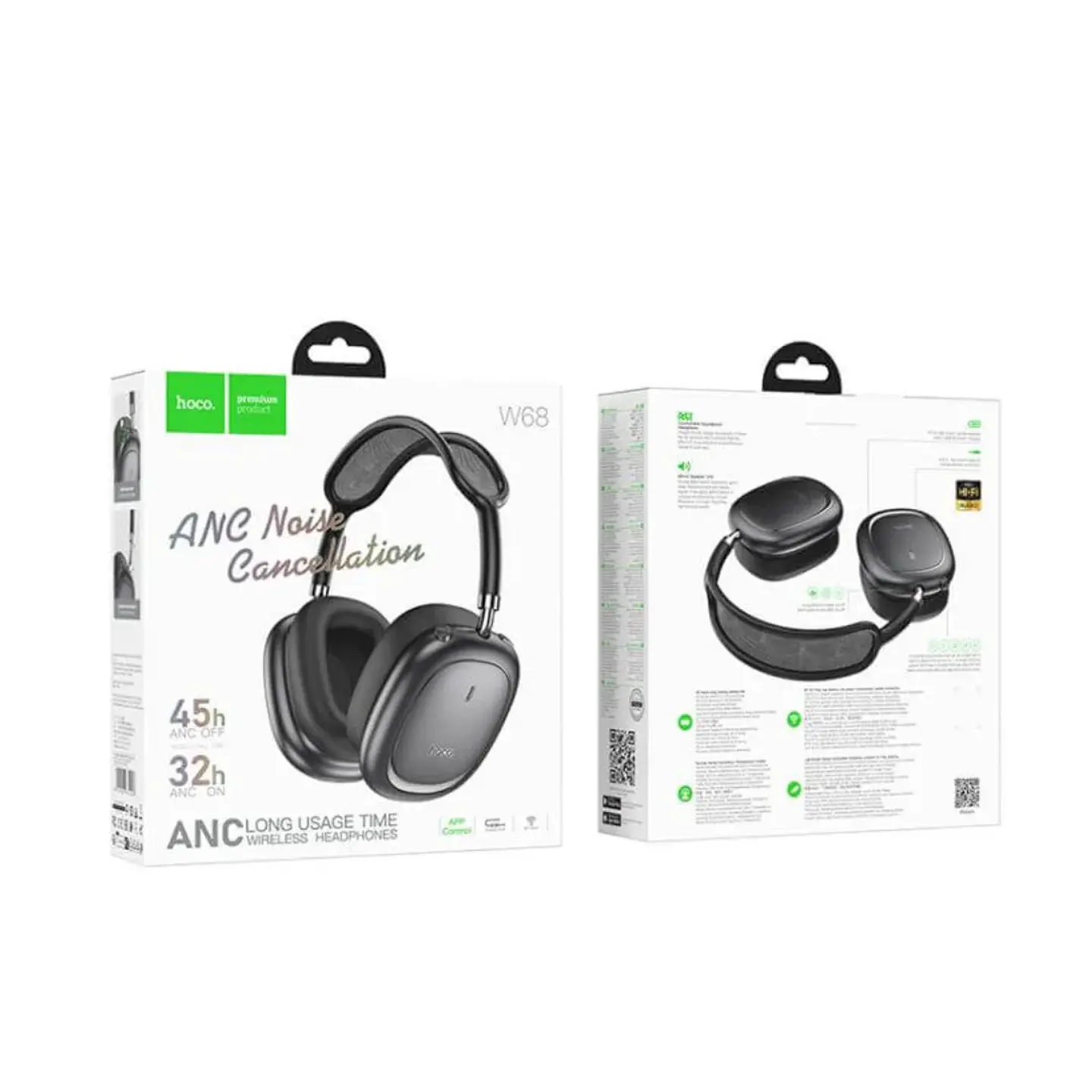 AUDÍFONOS BLUETOOTH HOCO W68 CALMA ANC OVER-EAR NEGROS CON CANCELACIÓN DE RUIDO Y 45H - 3