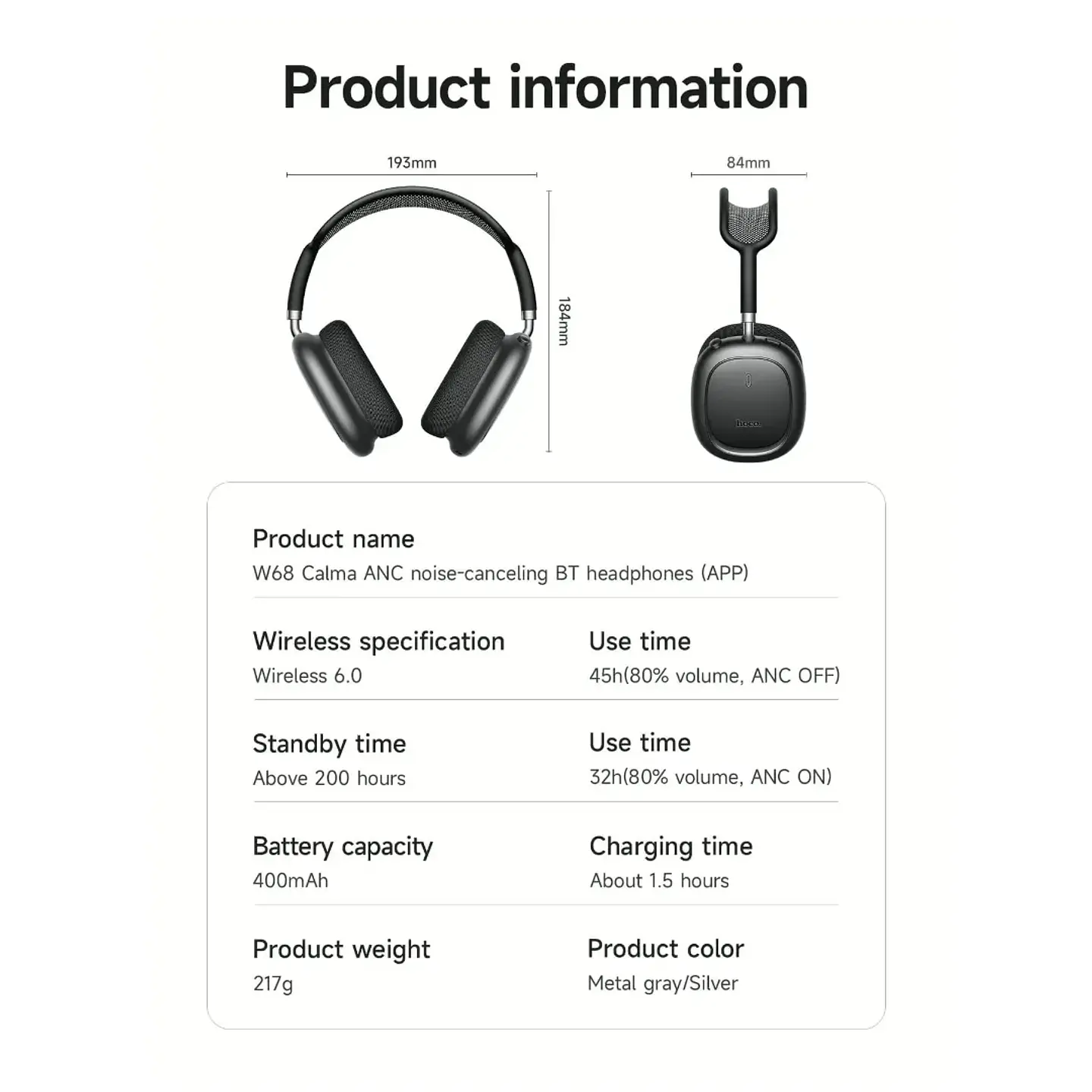 AUDÍFONOS BLUETOOTH HOCO W68 CALMA ANC OVER-EAR NEGROS CON CANCELACIÓN DE RUIDO Y 45H - 4