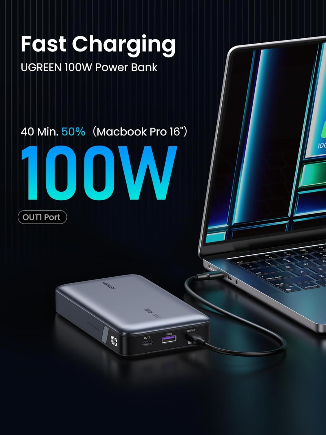 POWER BANK UGREEN 100W 20000 MHA, CARGA LAPTOPS TIPO C, TABLETS, TELF - 3