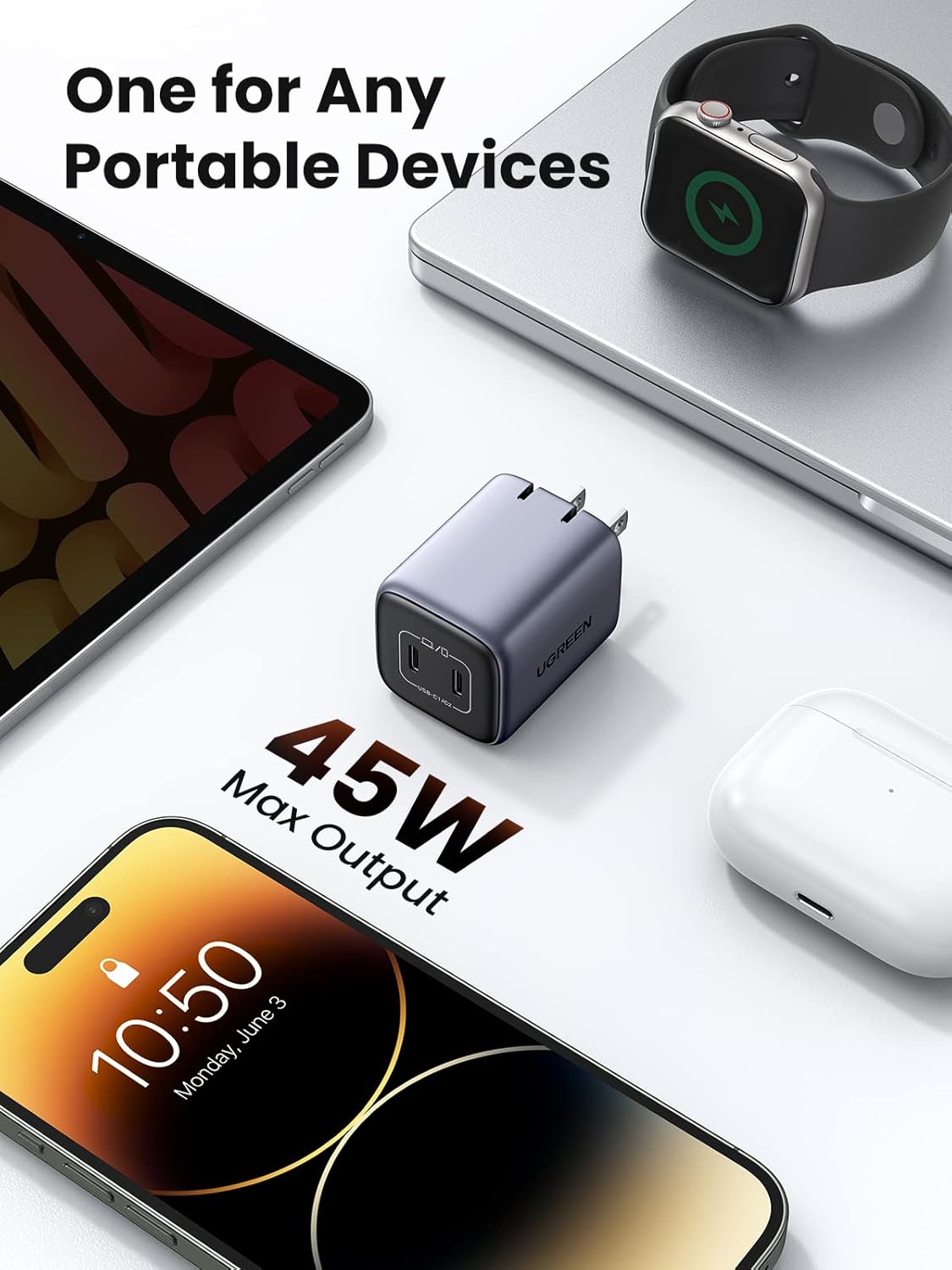 CARGADOR UGREEN 45W DOBLE PUERTO C COMPATIBLE CON IPHONE Y ANDROID TIPO C