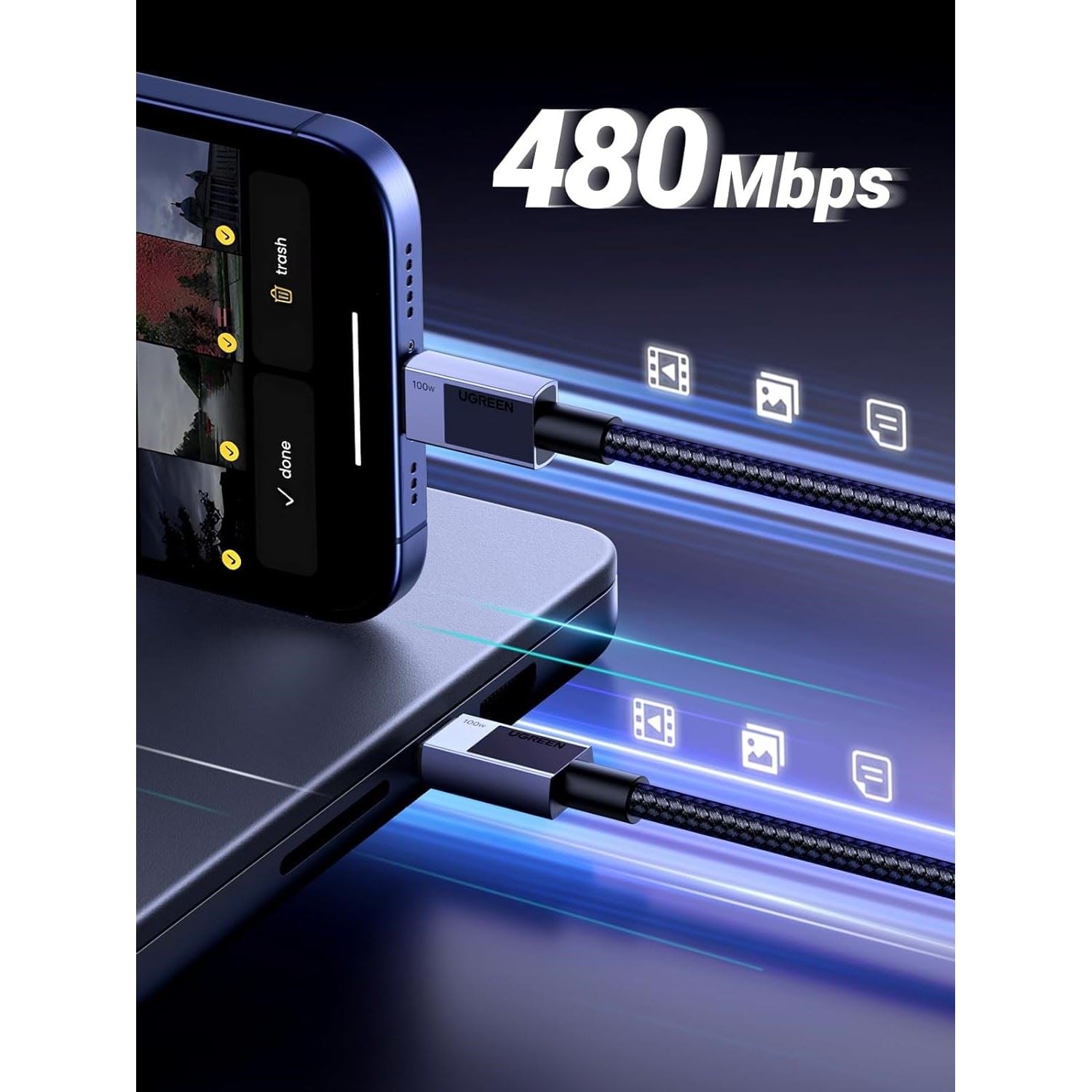 CABLE UGREEN CARGA RAPIDA ENTRADA USB TIPO C 100W 1 M- TRENZADO GREY - 5