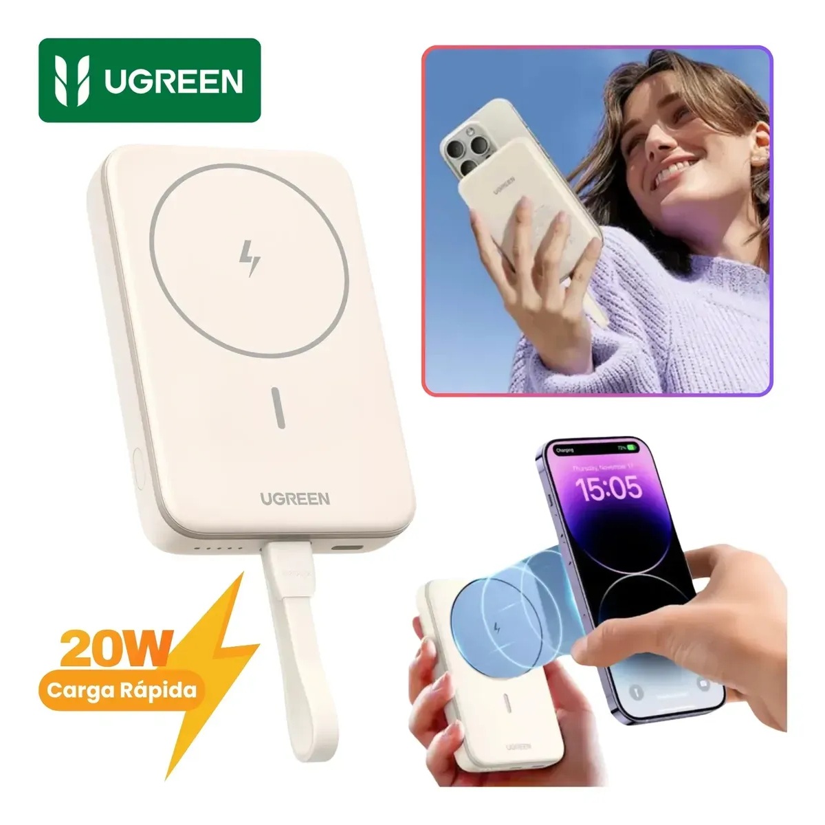 UGREEN POWER BANK INALÁMBRICO MAGNÉTICO 10000MAH PB760- BEIGE - 1