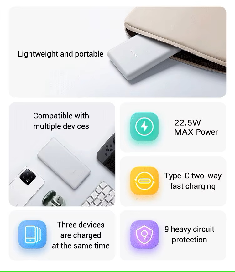 POWER BANK XIAOMI 10000MHA LITE TYPE C 22W CARGA RAPIDA - BLANCO - 6