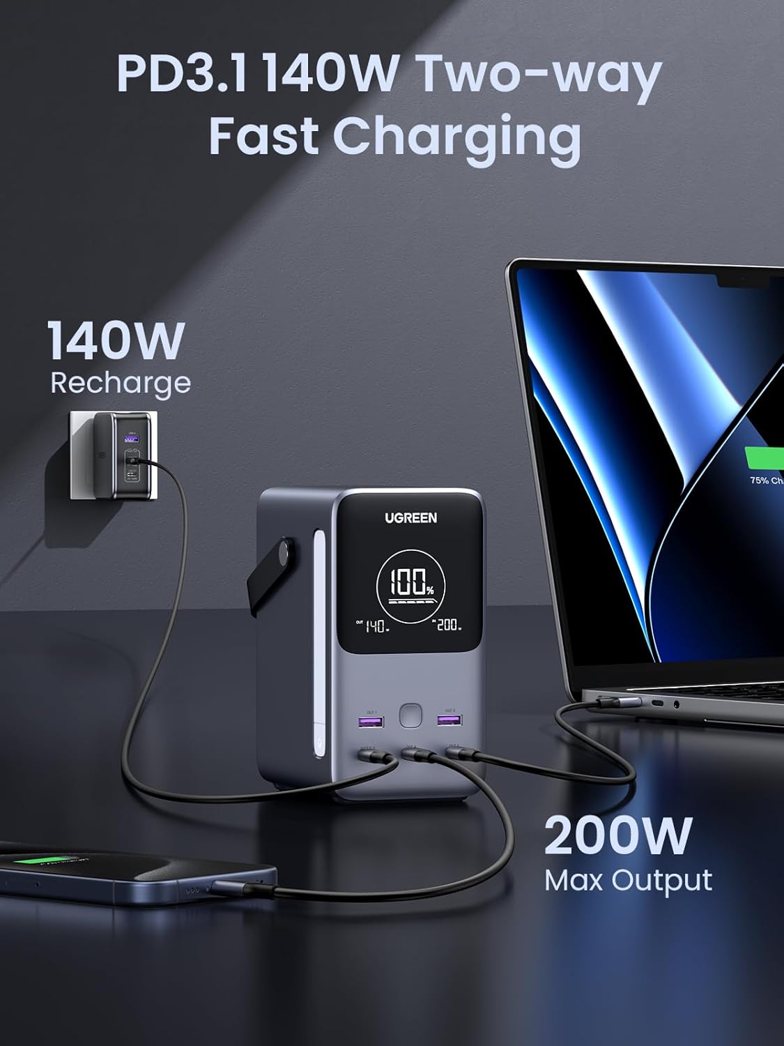 UGREEN CARGADOR PORTÁTIL DE 300W 48000MAH CON PANTALLA DIGITAL INTELIGENTE ILUMINACIÓN - 4