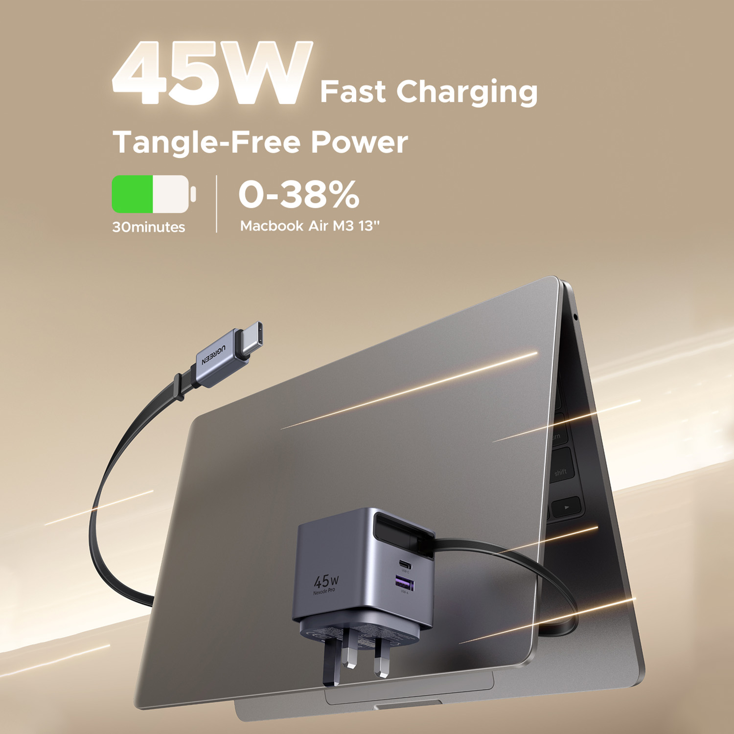 CARGADOR UGREEN 45W DUAL PORT CABLE RETRACTIL TIPO C - 5