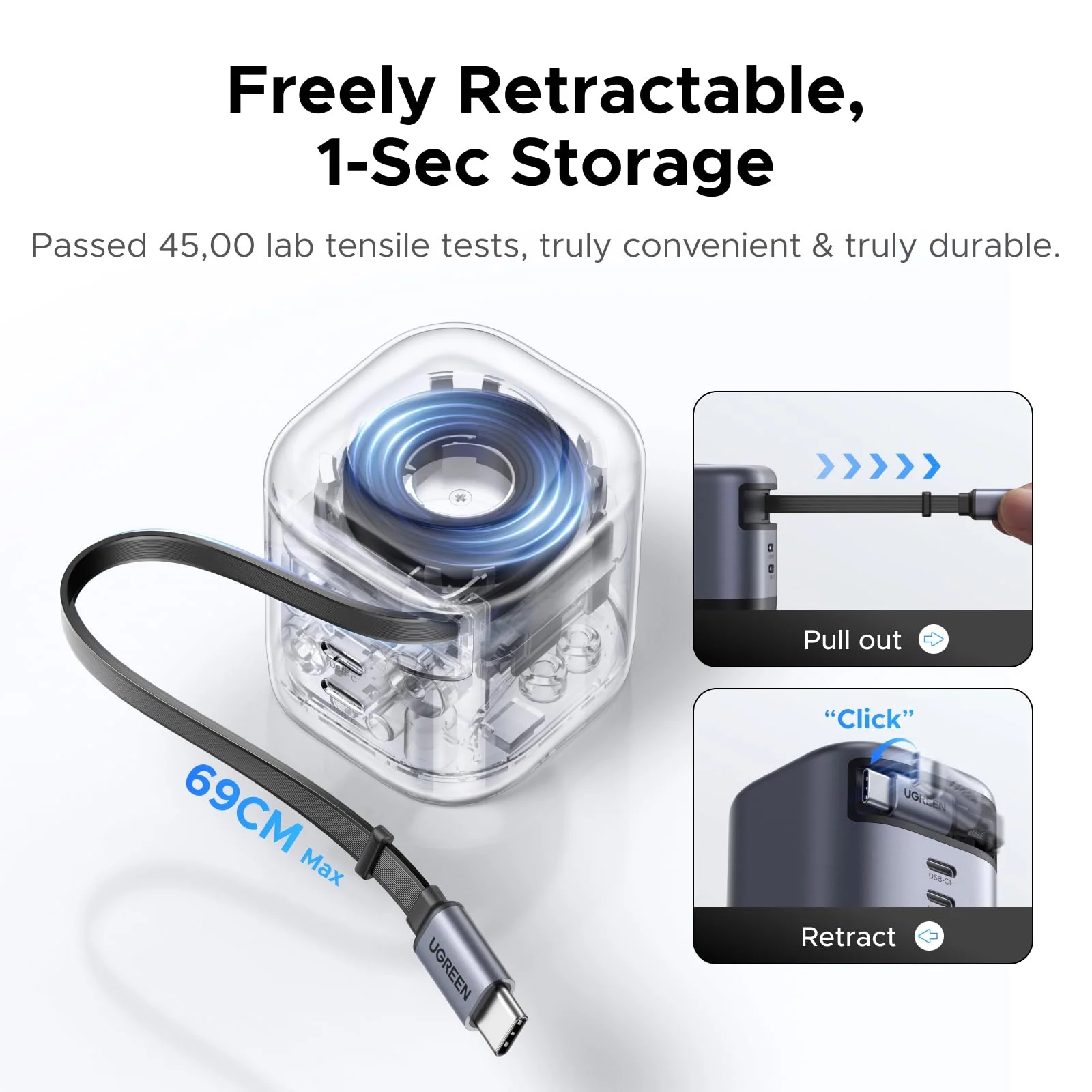 CARGADOR UGREEN 45W DUAL PORT CABLE RETRACTIL TIPO C - 6