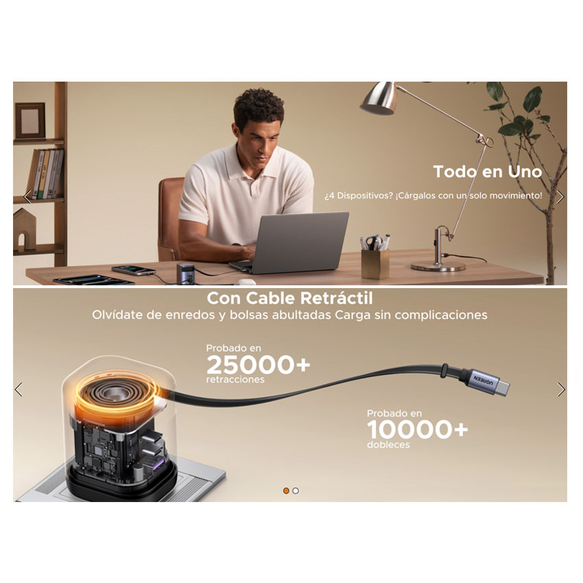 CARGADOR UGREEN 100W, GAN RETRACTIL USB-C QUICKCHARGE PD 3.0 - 3