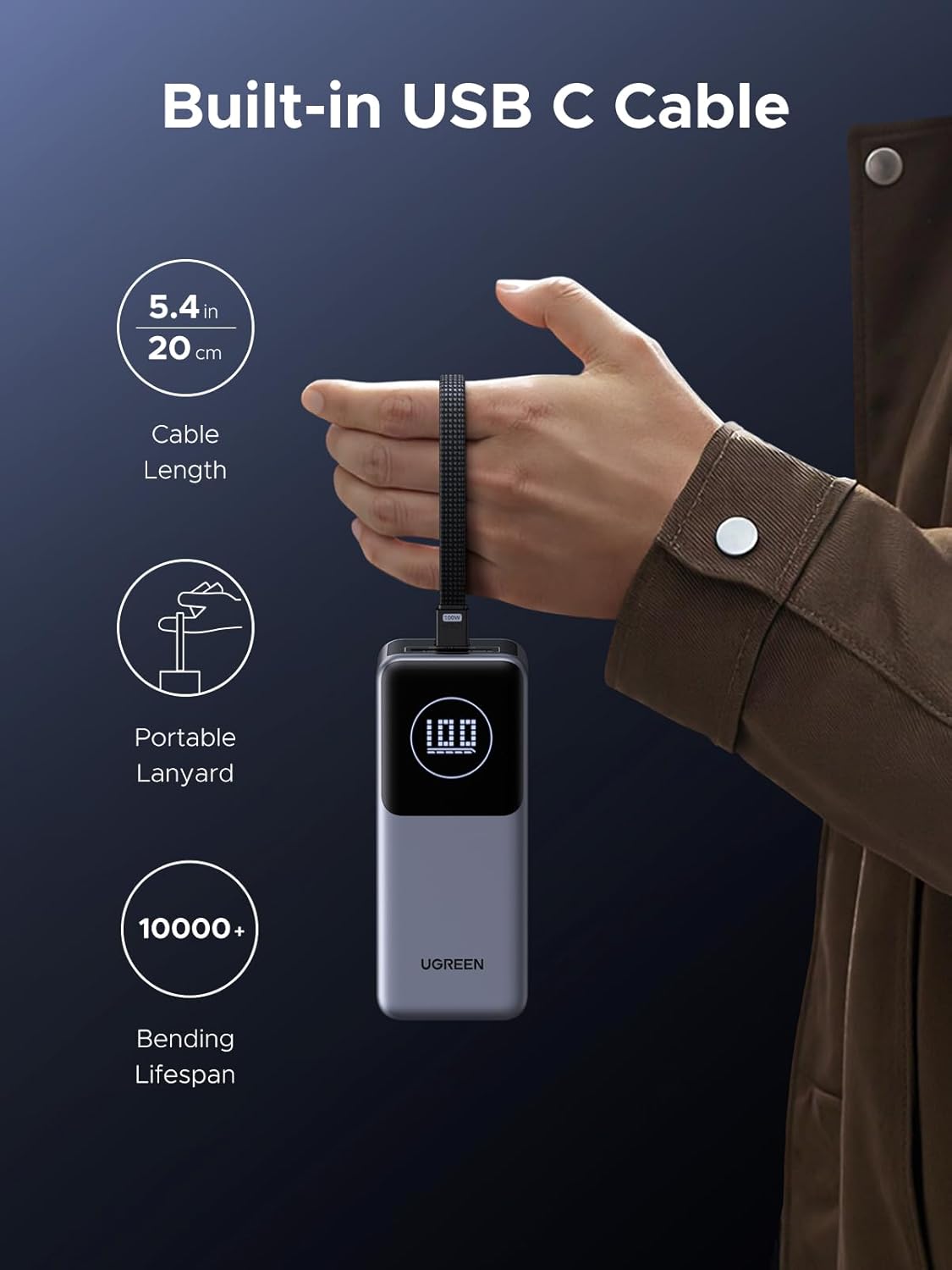 UGREEN NEXODE POWER BANK 20000MAH 130W CON CABLE USB C INTEGRADO - 2