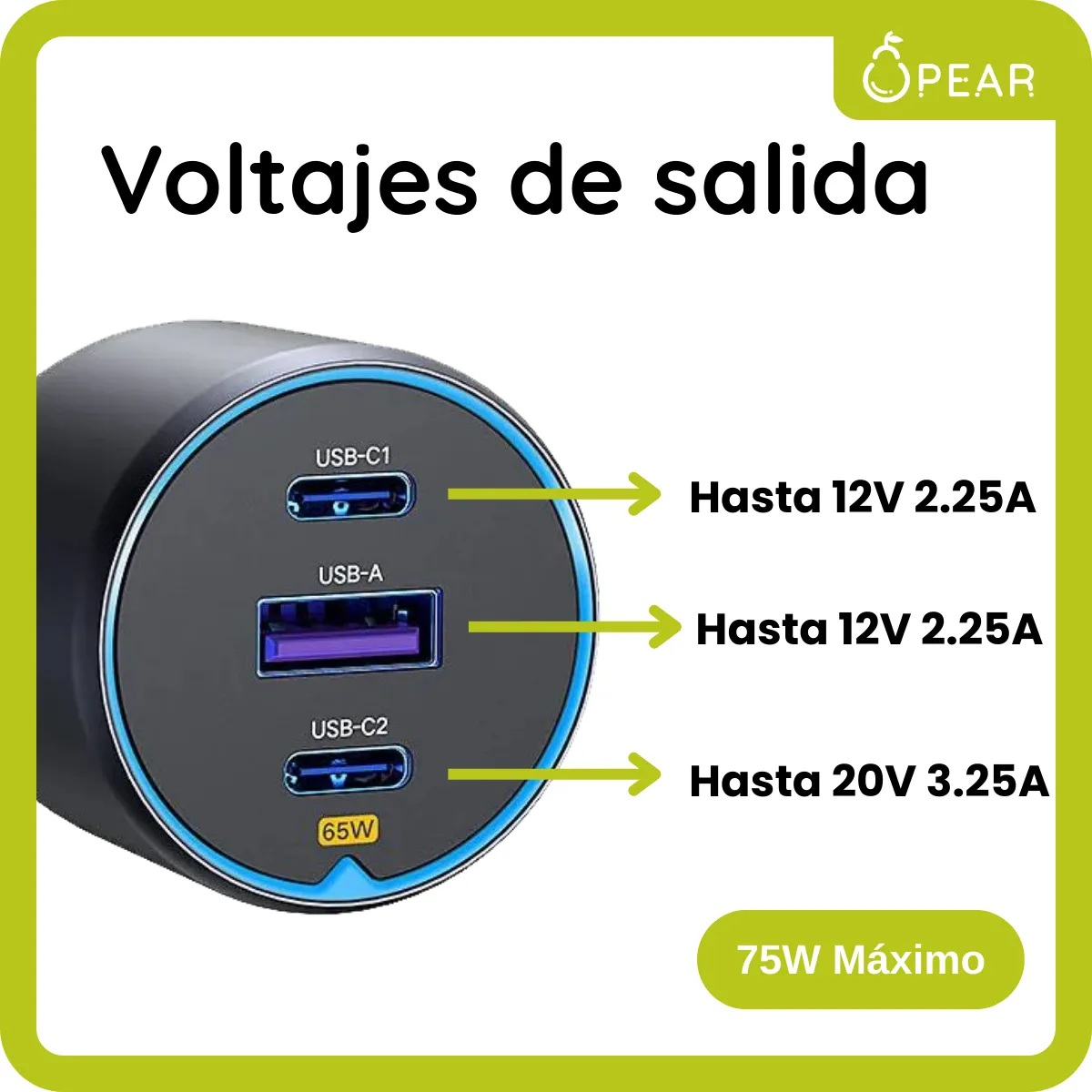 CARGADOR DE AUTO UGREEN 75W 3 PUERTOS 2C+1USB - 4