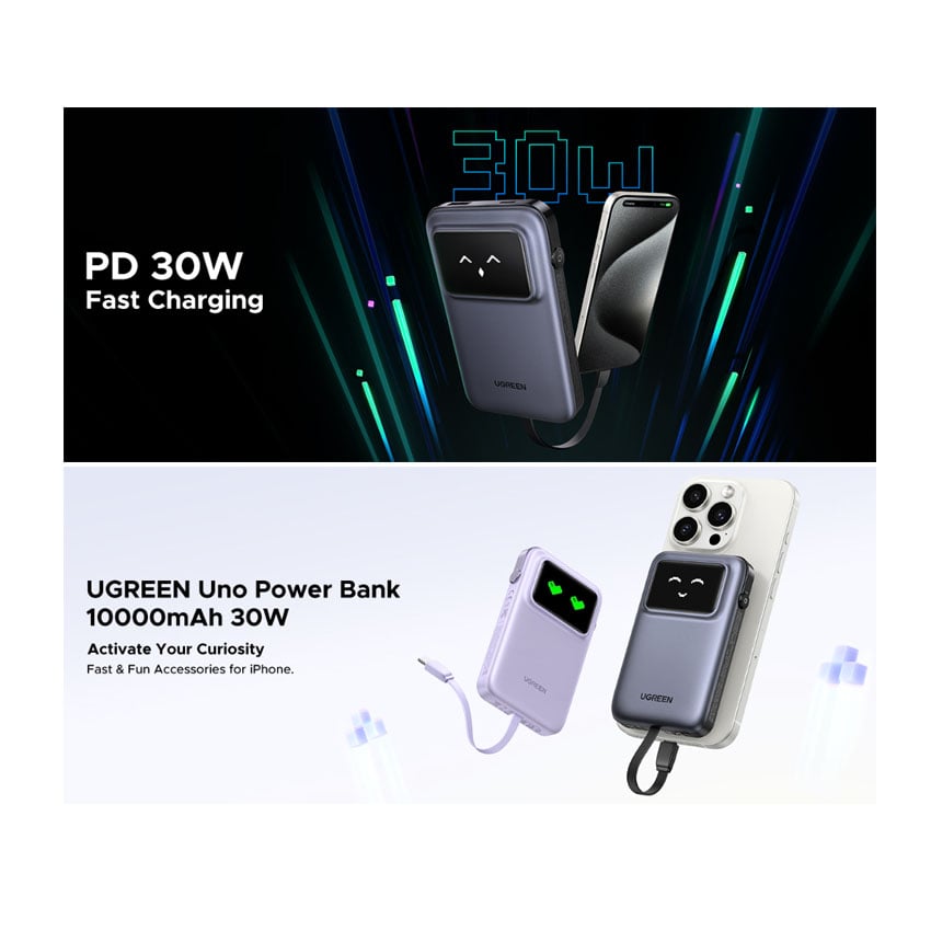 CARGADOR PORTATIL UGREEN 10000MHA CABLE INTEGRADO - GREY - 4