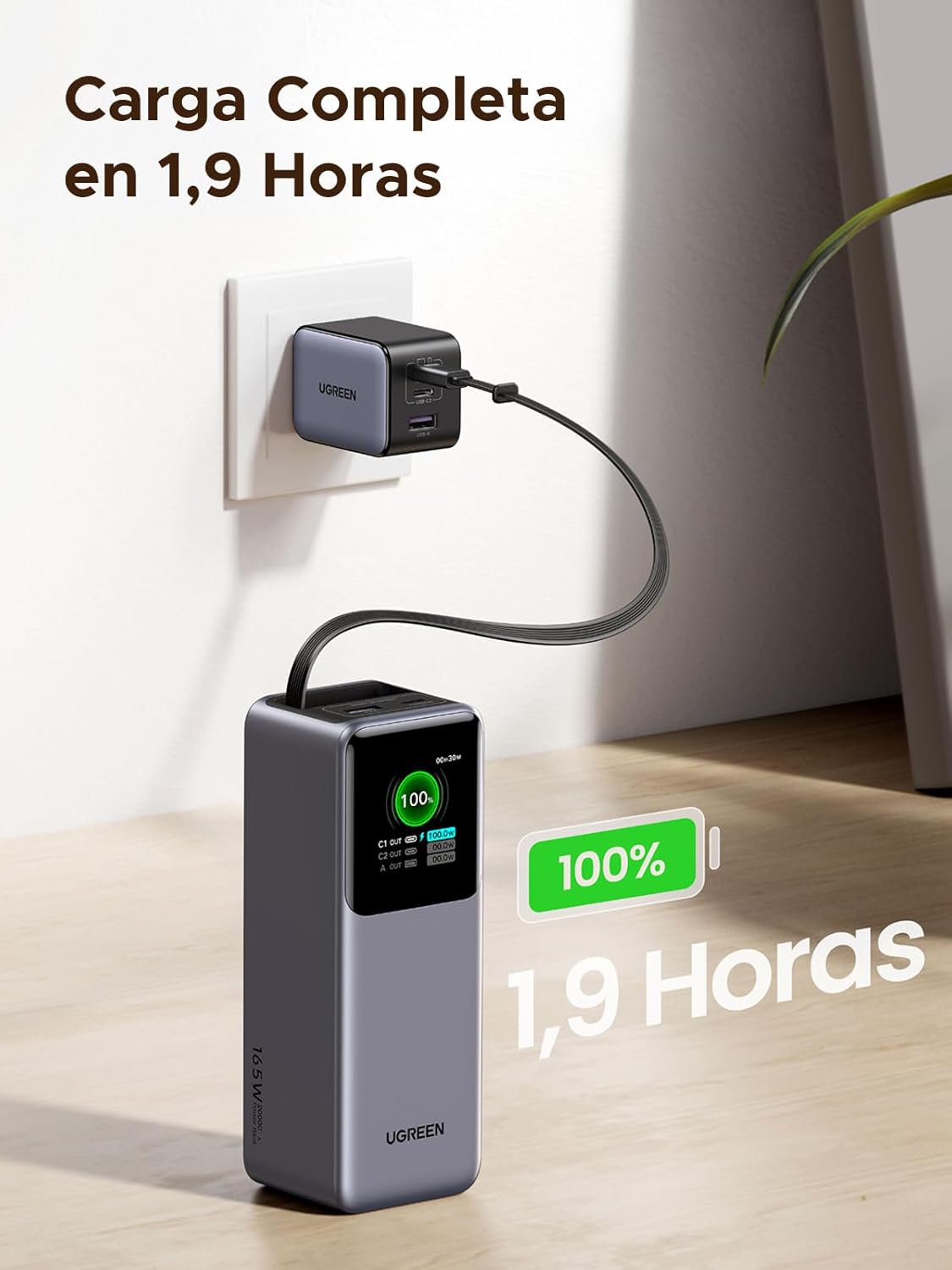 POWER BANK UGREEN 20000 165W CABLE RETRACTIL INTEGRADO - 4
