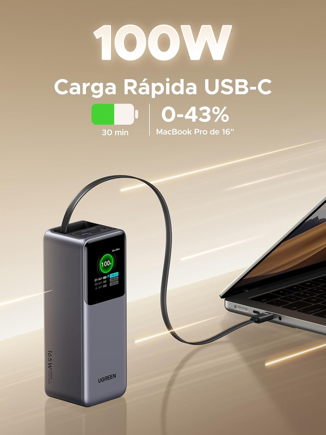 POWER BANK UGREEN 20000 165W CABLE RETRACTIL INTEGRADO - 7