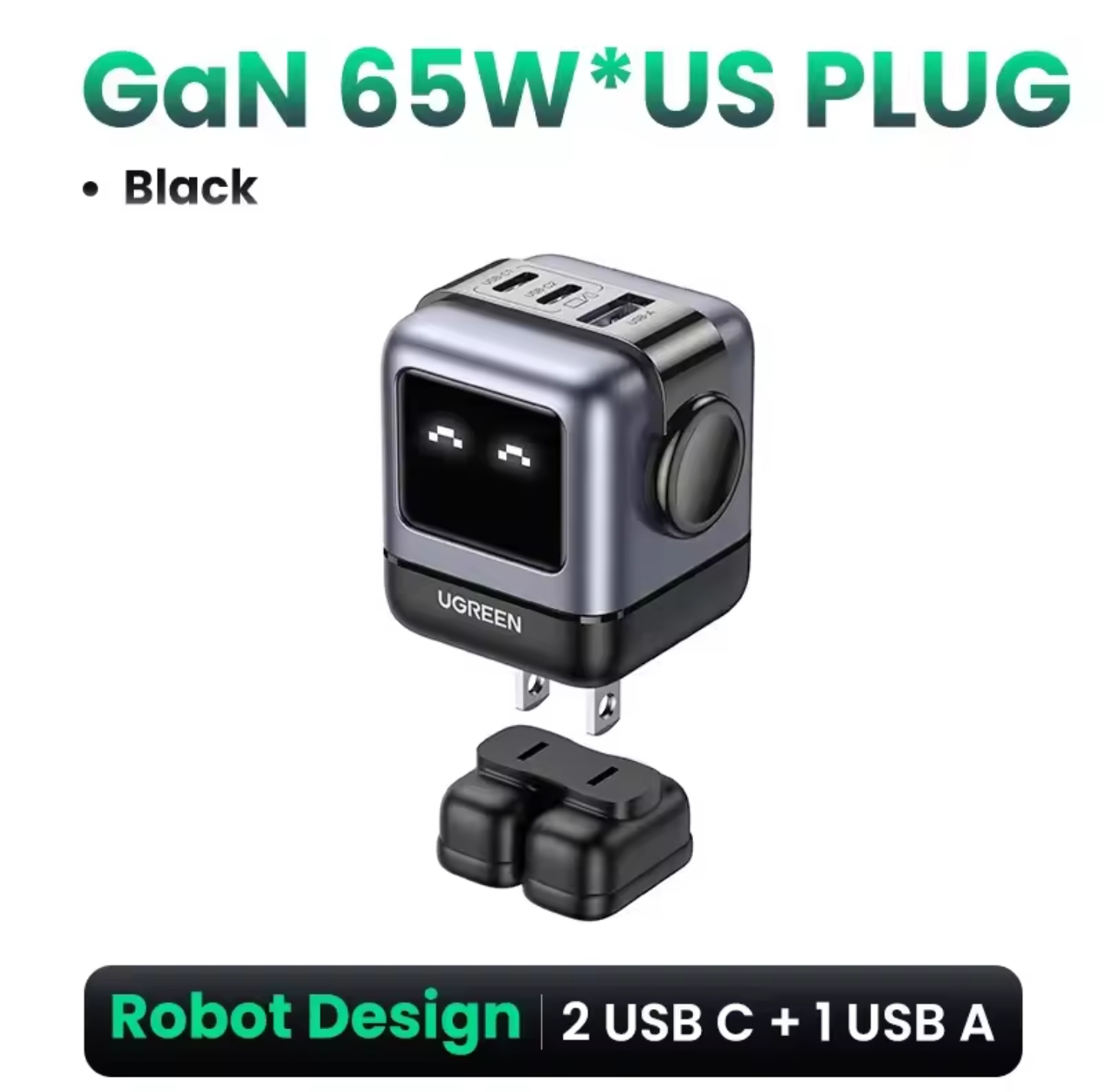 CARGADOR DE PARED UGREEN 65W ROBOT LED DISPLAY - BLACK - 3