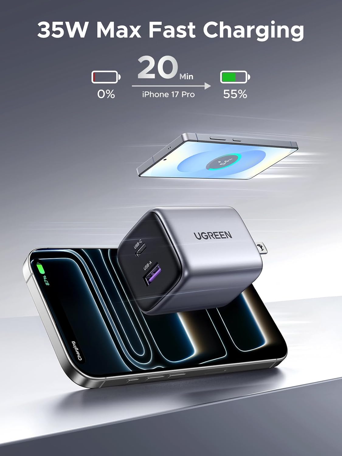 CARGADOR UGREEN 30W USB-C+USB-A GAN PD 3.0 IPHONE 17, IPAD. X516 - 2