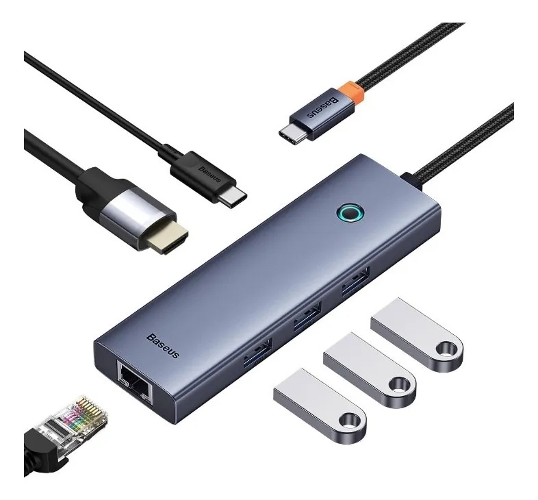 ADAPTADOR BASEUS USB-C HUB HDMI4K RJ45 MACBOOK APPLE 6EN1 COLOR GRIS OSCURO - 1