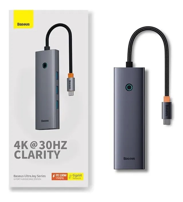 ADAPTADOR BASEUS USB-C HUB HDMI4K RJ45 MACBOOK APPLE 6EN1 COLOR GRIS OSCURO - 2