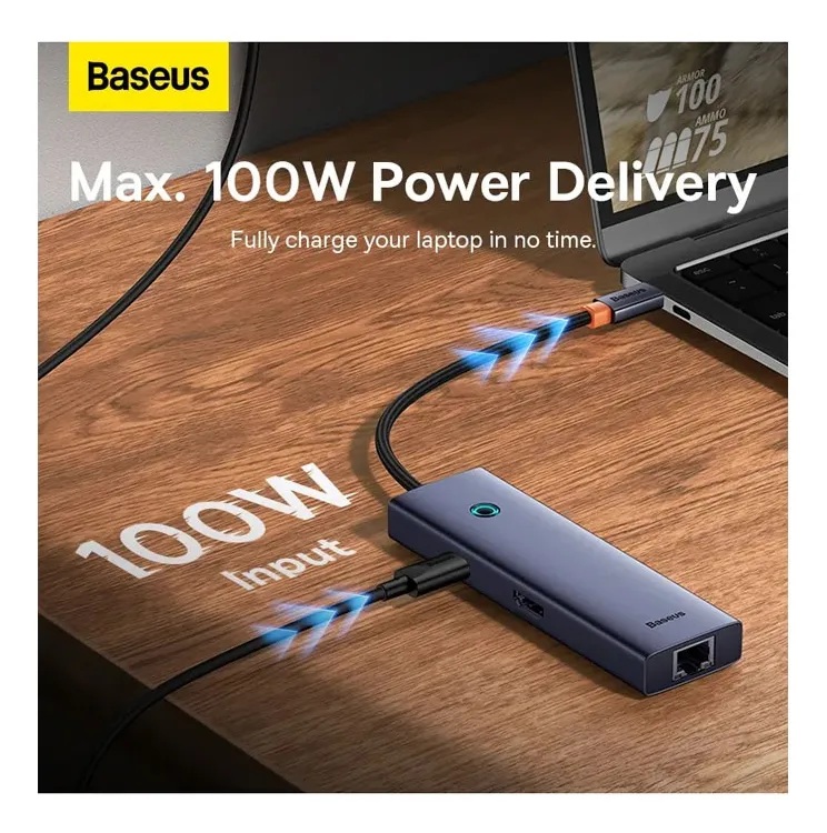 ADAPTADOR BASEUS USB-C HUB HDMI4K RJ45 MACBOOK APPLE 6EN1 COLOR GRIS OSCURO - 5