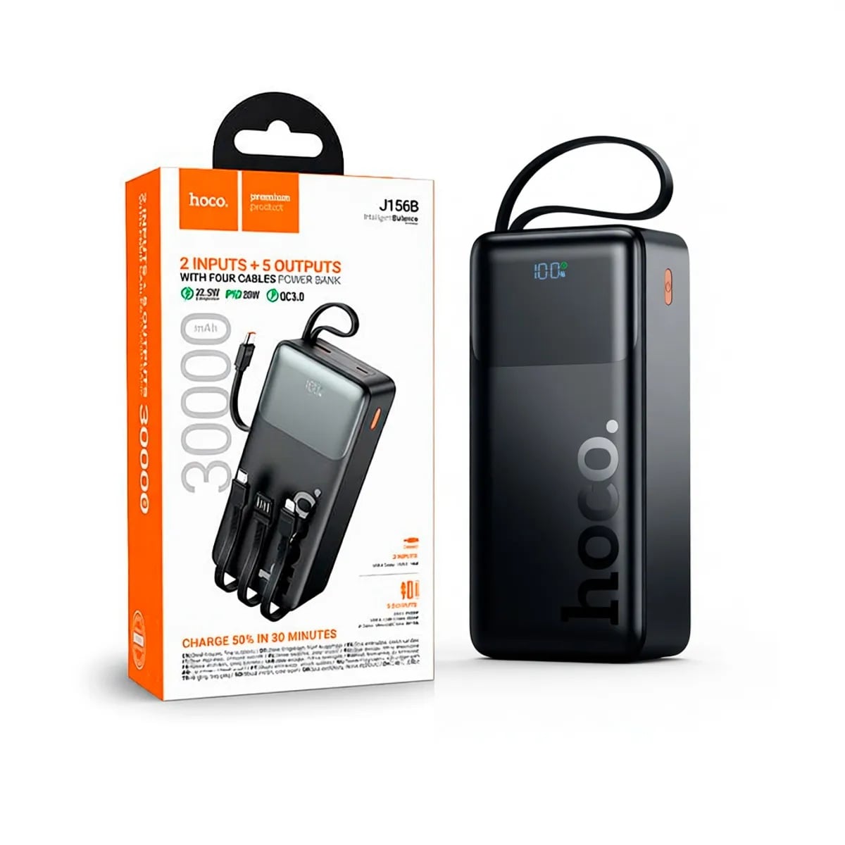POWER BANK HOCO CABLES INTEGRADO 30000 CARGA RAPIDA 22.5W J156B - NEGRO - 1