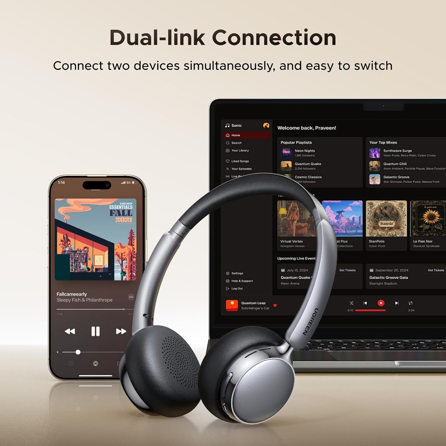 AURICULARES INALÁMBRICOS UGREEN STUDIO PLUS CANCELACIÓN ACTIVA DE RUIDO, HP207 - 4