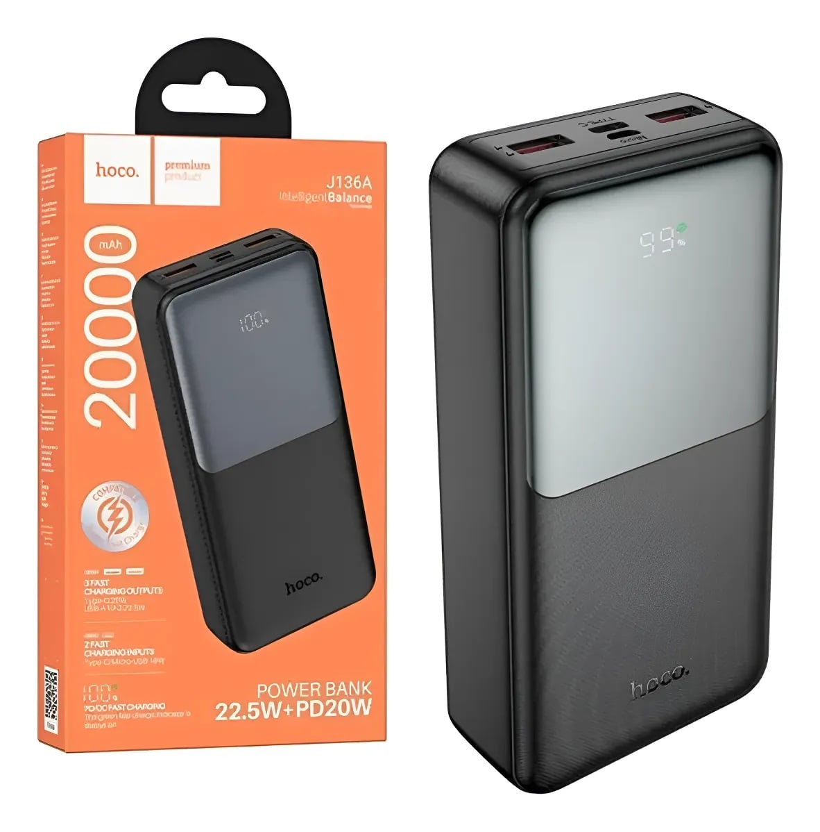 POWER BANK HOCO 20000 22W LED DISPLAY J136A PARA SAMSUNG,XIAOMI, IPHONE - NEGRO - 1