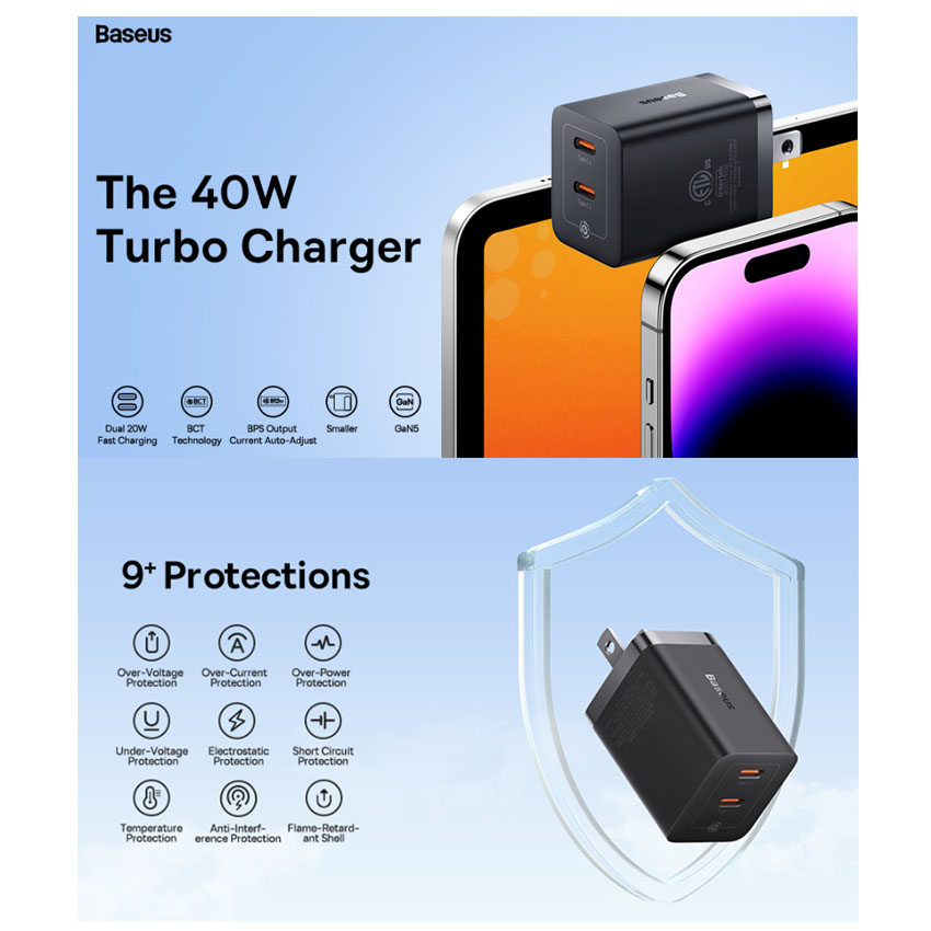 CARGADOR BASEUS GAN5 PRO DUAL USB-C 40W IPHONE MACBOOK IPAD GALAXY - 3