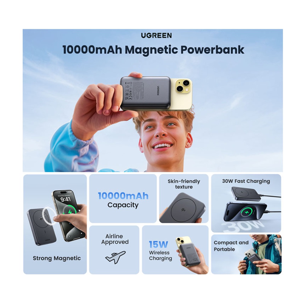 POWER BANK UGREEN WIRELESS 15W QI2 10000MHA MAGSAFE PD30W PB761 - 2