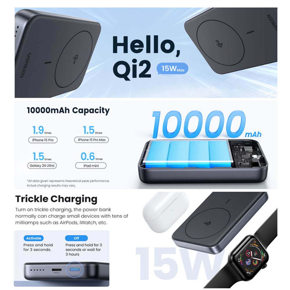 POWER BANK UGREEN WIRELESS 15W QI2 10000MHA MAGSAFE PD30W PB761 - 8